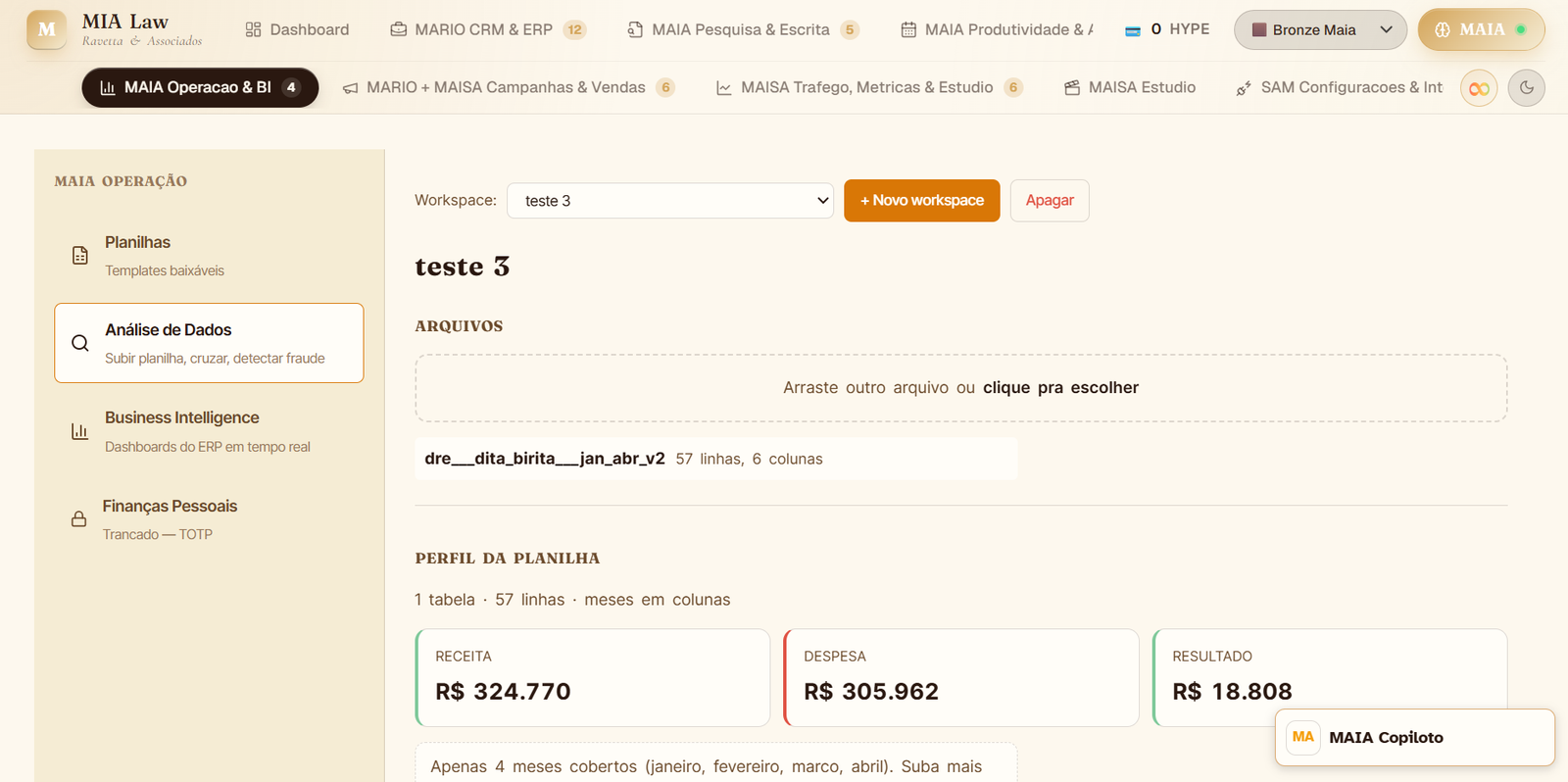 MAIA · BI Análise de Dados cruzando planilha bruta com receita, despesa e resultado mensal.