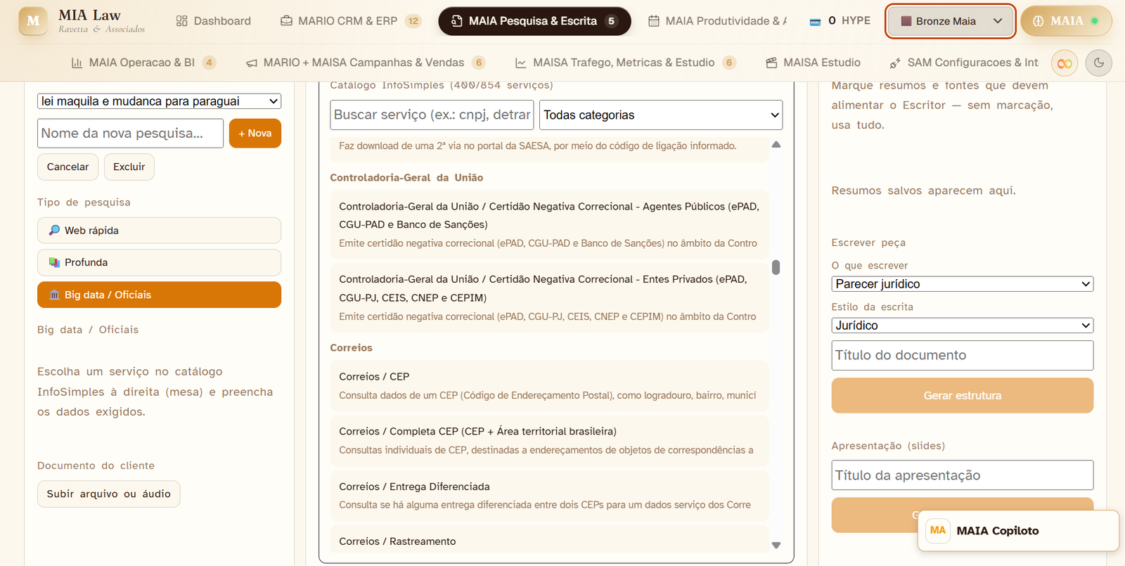 MAIA · busca em catálogo de fontes oficiais e gera parecer jurídico com copiloto.