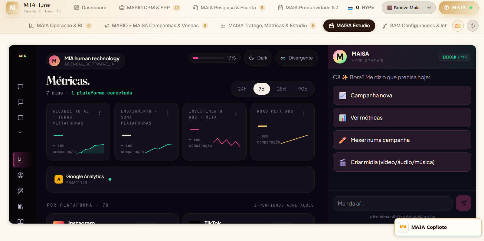 MAISA · Estúdio com métricas conectadas, gráficos de engajamento e chat para criar campanha e mídia.