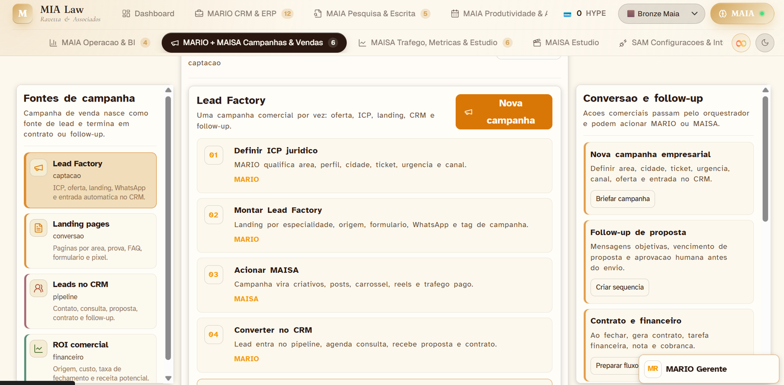 MAISA · Lead Factory: definir ICP jurídico, montar, acionar MAISA, converter no CRM e medir ROI.