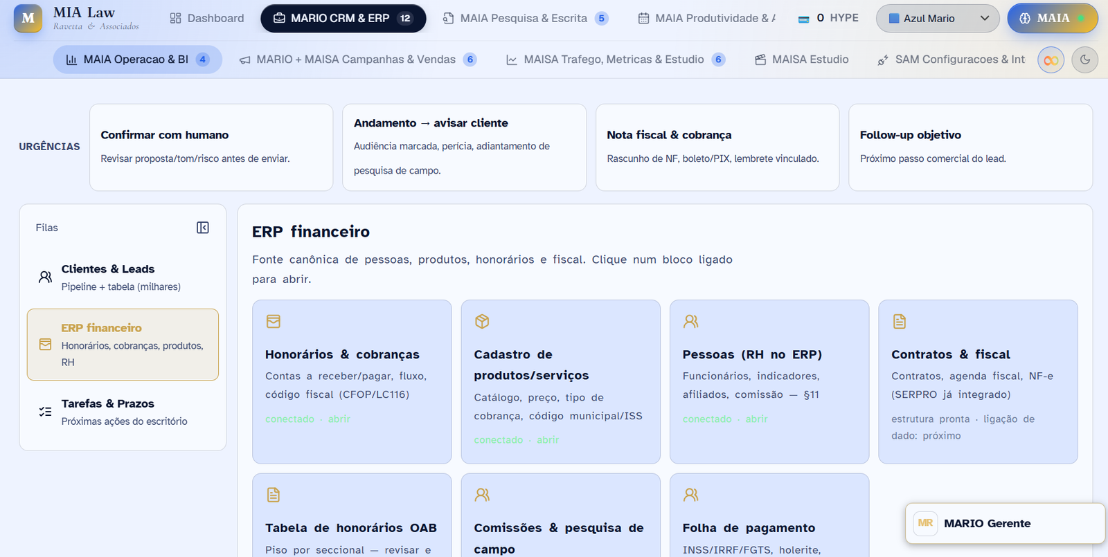MARIO · ERP financeiro com honorários, cadastro de produtos, RH integrado e folha de pagamento.